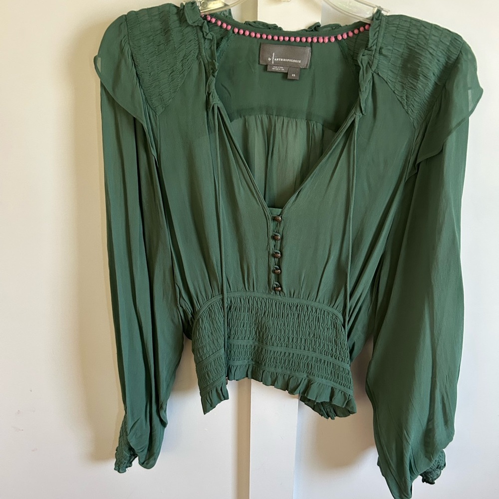 Anthropologie Green Long-Sleeve Blouse size XS EUC